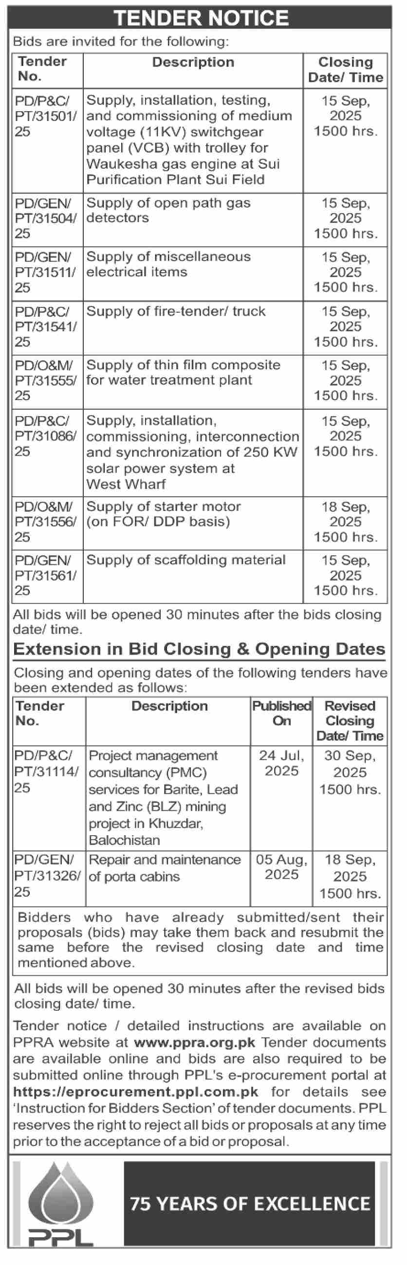 PPL Tender Notice